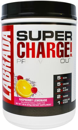 Super Charge! Pre-Workout, Raspberry Lemonade, 1.49 lb (675 g) by Labrada Nutrition, 運動，鍛煉，肌肉 HK 香港