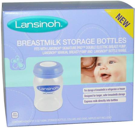 Breastmilk Storage Bottles, 4 Bottles, 5 oz (160 ml) Each by Lansinoh, 兒童健康，嬰兒餵養，母乳喂養，兒童食品 HK 香港