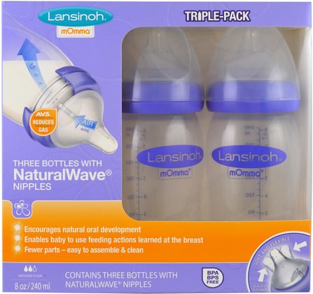 Natural Wave Nipple Bottles, Medium Flow, 3 Bottles, 8 oz (240 ml) Each by Lansinoh, 兒童健康，嬰兒餵養 HK 香港