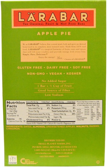 larabar，食物，健康零食 - Larabar, Apple Pie, 16 Bars, 1.6 oz (45 g) Per Bar