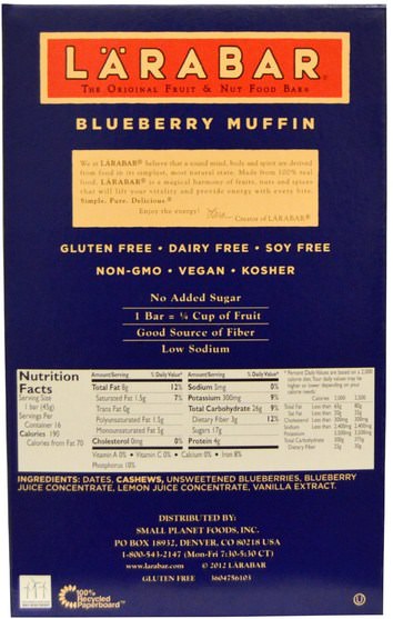 larabar，食物，健康零食 - Larabar, Blueberry Muffin, 16 Bars, 1.6 oz (45 g) Each