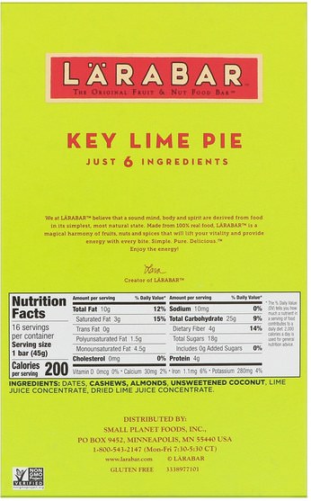 larabar，食物，健康零食 - Larabar, Key Lime Pie, 16 Bars, 1.6 oz (45 g) Each