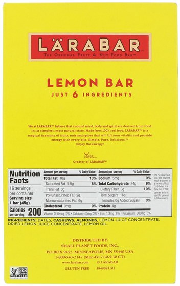 larabar，食物，健康零食 - Larabar, Lemon Bar, 16 Bars, 1.6 oz (45 g) Each