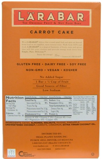 larabar，食物，健康零食，營養棒 - Larabar, Carrot Cake, 16 Bars, 1.6 oz (45 g) Per Bar
