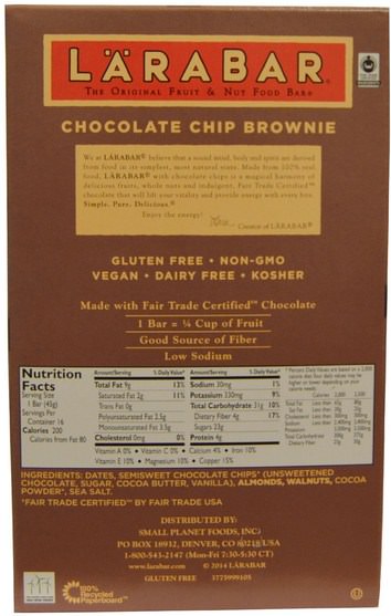 larabar，食物，健康零食，營養棒 - Larabar, Chocolate Chip Brownie, 16 Bars, 1.6 oz (45 g) Each