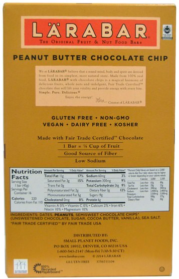 larabar，食物，健康零食，營養棒 - Larabar, Peanut Butter Chocolate Chip, 16 Bars, 1.6 oz (45 g) Per Bar