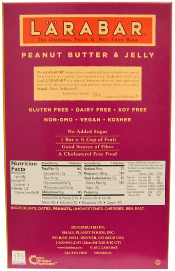 larabar，食物，健康零食，營養棒 - Larabar, Peanut Butter & Jelly, 16 Bars, 1.7 oz (48 g) Each