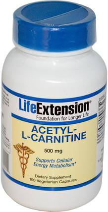Acetyl-L-Carnitine, 500 mg, 100 Veggie Caps by Life Extension, 補充劑，氨基酸，左旋肉鹼，乙酰左旋肉鹼 HK 香港