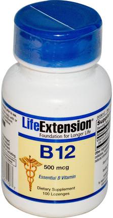 B-12, 500 mcg, 100 Lozenges by Life Extension, 維生素，維生素b，維生素b12，維生素b12 - cyanocobalamin HK 香港