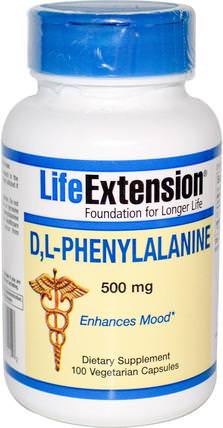 D, L-Phenylalanine, 500 mg, 100 Veggie Caps by Life Extension, 補充劑，氨基酸，l苯丙氨酸，dl苯丙氨酸（dlpa） HK 香港