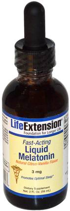 Fast-Acting Liquid Melatonin, Natural Citrus-Vanilla Flavor, 3 mg, 2 fl oz (59 ml) by Life Extension, 補充劑，褪黑激素液 HK 香港