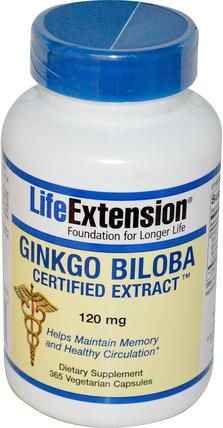 Ginkgo Biloba, Certified Extract, 120 mg, 365 Veggie Caps by Life Extension, 健康，注意力缺陷障礙，添加，adhd，大腦，記憶，草藥，銀杏葉 HK 香港