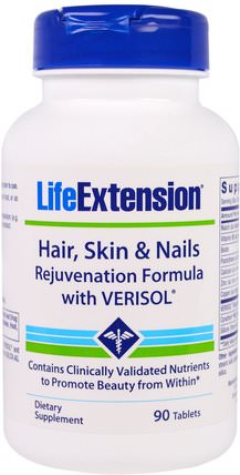 Hair, Skin & Nails, Rejuvenation Formula with Verisol, 90 Tablets by Life Extension, 補充劑，健康，女性，頭髮補充劑，指甲補充劑，皮膚補充劑 HK 香港