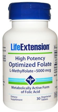 High Potency Optimized Folate, 5000 mcg, 30 Veggie Tabs by Life Extension, 維生素，葉酸，5-mthf葉酸（5甲基四氫葉酸） HK 香港