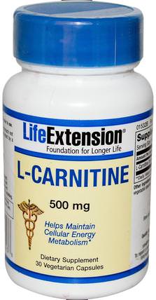 L-Carnitine, 500 mg, 30 Veggie Caps by Life Extension, 補充劑，氨基酸，左旋肉鹼 HK 香港