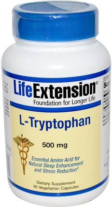 L-Tryptophan, 500 mg, 90 Veggie Caps by Life Extension, 補充劑，l色氨酸，氨基酸 HK 香港