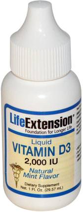 Liquid Vitamin D3, Natural Mint Flavor, 2.000 IU, 1 fl oz (29.57 ml) by Life Extension, 維生素，維生素D3 HK 香港