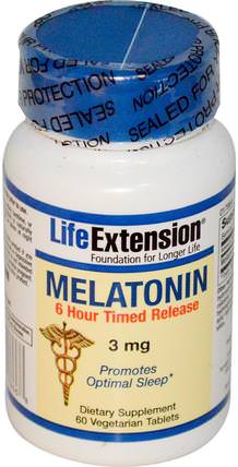 Melatonin, 6 Hour Timed Release, 3 mg, 60 Veggie Tabs by Life Extension, 補充劑，睡眠，褪黑激素 HK 香港
