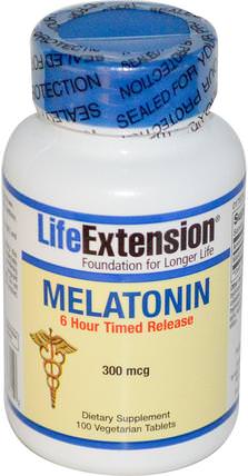 Melatonin, 6 Hour Timed Release, 300 mcg, 100 Veggie Tabs by Life Extension, 補充劑，睡眠，褪黑激素 HK 香港