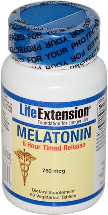 Melatonin, 6 Hour Timed Release, 750 mcg, 60 Veggie Tabs by Life Extension, 補充劑，睡眠，褪黑激素 HK 香港