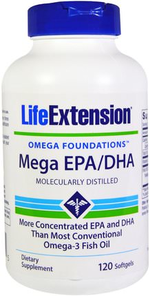 Omega Foundations, Mega EPA/DHA, 120 Softgels by Life Extension, 補充劑，efa omega 3 6 9（epa dha），dha，epa，魚油軟膠囊 HK 香港