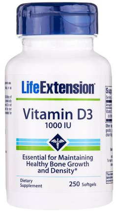 Vitamin D3, 1000 IU, 250 Softgels by Life Extension, 維生素，維生素D3 HK 香港