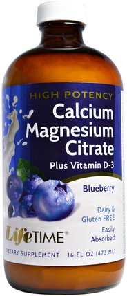 High Potency Calcium Magnesium Citrate, Plus Vitamin D-3, Blueberry, 16 fl oz (473 ml) by Life Time, 補充劑，礦物質，鈣和鎂 HK 香港