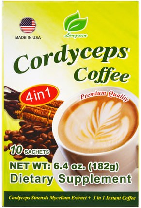 4 in 1 Cordyceps Coffee, 10 Sachets, 6.4 oz (182 g) by Longreen Corporation, 食物，咖啡，速溶咖啡，補品，藥用蘑菇 HK 香港