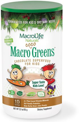 Macro Coco Greens, Chocolate SuperFood for Kids, 3.3 oz (95 g) by Macrolife Naturals, 補品，超級食品，綠色蔬菜 HK 香港