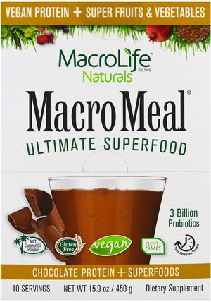 MacroMeal Ultimate Superfood, Chocolate Protein + Superfoods, 10 Packets, 15.9 oz (450 g) by Macrolife Naturals, 補充劑，蛋白質 HK 香港