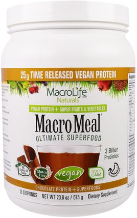 MacroMeal, Vegan, Chocolate Protein + Superfoods, 23.8 oz (675 g) by Macrolife Naturals, 補品，蛋白質，超級食品 HK 香港