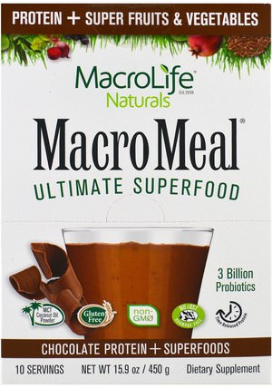 MacroMeal, Chocolate Protein + Superfoods, 10 Packets, 1.6 oz (45 g) Each by Macrolife Naturals, 補充劑，蛋白質 HK 香港