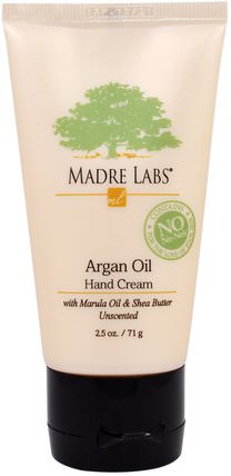 Argan Oil Hand Cream with Marula & Coconut Oils plus Shea Butter, Soothing and Unscented, 2.5 oz (71 g) by Madre Labs, 洗澡，美容，摩洛哥堅果，護手霜 HK 香港