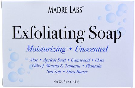 Exfoliating Soap Bar with Marula & Tamanu Oils plus Shea Butter, Unscented, 5 oz (141 g) by Madre Labs, madre labs去角質肥皂，沐浴，美容，肥皂 HK 香港