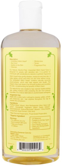 madre labs面部護理，美容，皮膚 - Madre Labs, Witch Hazel Toner, Moisturizing and Plant-Based, Unscented, Alcohol-Free, 12 fl. oz. (355 mL)