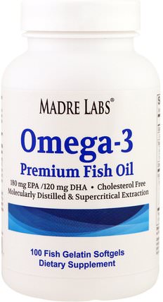 Omega-3 Premium Fish Oil, No GMOs, No Gluten, 100 Fish Gelatin Softgels by Madre Labs, 補充劑，efa歐米茄3 6 9（epa dha），歐米茄369粒/標籤 HK 香港