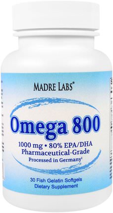 Omega 800 Fish Oil, Pharmaceutical Grade, German Processed, No GMOs, No Gluten, 1000 mg, 30 Fish Gelatin Softgels by Madre Labs, madre labs醫藥級魚油，補充劑，efa omega 3 6 9（epa dha） HK 香港