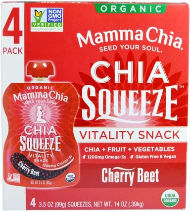 Chia Squeeze Vitality Snack, Cherry Beet, 4 Squeezes, 3.5 oz (99 g) Each by Mamma Chia, 補充劑，efa omega 3 6 9（epa dha），正大種子 HK 香港