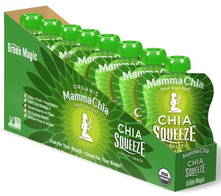 Chia Squeeze Vitality Snack, Green Magic, 8 Pouches, 3.5 oz (99 g) Each by Mamma Chia, 補充劑，efa omega 3 6 9（epa dha），正大種子 HK 香港