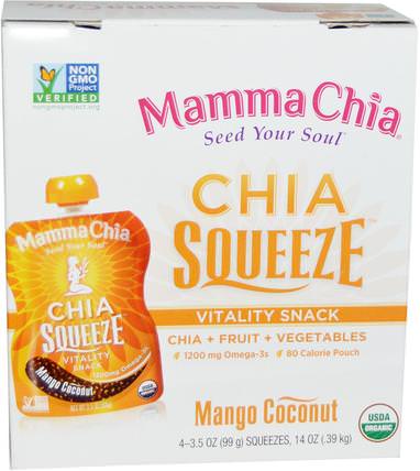 Chia Squeeze, Vitality Snack, Mango Coconut, 4 Squeezes, 3.5 oz (99 g) Each by Mamma Chia, 補充劑，efa omega 3 6 9（epa dha），正大種子 HK 香港