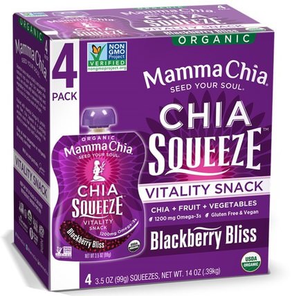 Organic Chia Squeeze, Vitality Snack, Blackberry Bliss, 4 Squeezes, 3.5 oz (99 g) Each by Mamma Chia, 補充劑，efa omega 3 6 9（epa dha），正大種子 HK 香港