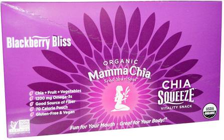 Organic Chia Squeeze Vitality Snack, Blackberry Bliss, 8 Pouches, 3.5 oz (99 g) Each by Mamma Chia, 補充劑，efa omega 3 6 9（epa dha），正大種子 HK 香港