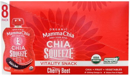 Organic Chia Squeeze, Vitality Snack, Cherry Beet, 8 Pouches, 3.5 oz (99 g) Each by Mamma Chia, 補充劑，efa omega 3 6 9（epa dha），正大種子 HK 香港