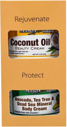 Avocado, Tea Tree & Dead Sea Mineral Body Cream + Coconut Oil Beauty Creams, 2 Jars, 2 oz (57 g) Each by Mason Naturals, 洗澡，美容，禮品套裝 HK 香港
