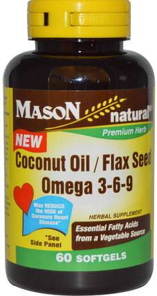 Coconut Oil / Flax Seed Omega 3-6-9, 60 Softgels by Mason Naturals, 補充劑，efa omega 3 6 9（epa dha），魚油 HK 香港