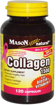 Collagen 1500, Plus Biotin & Vitamin C, 120 Capsules by Mason Naturals, 健康，骨骼，骨質疏鬆症，膠原蛋白，婦女，頭髮補充劑，指甲補充劑，皮膚補充劑 HK 香港