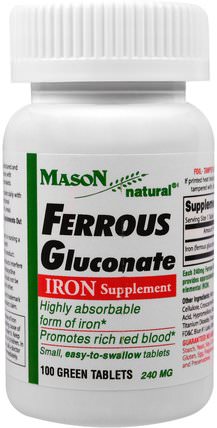 Ferrous Gluconate, Iron, 100 Green Tablets by Mason Naturals, 補品，礦物質，鐵 HK 香港