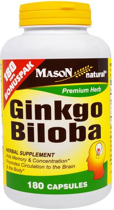 Ginkgo Biloba, 180 Capsules by Mason Naturals, 草藥，銀杏葉 HK 香港