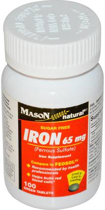 Iron, Sugar Free, 65 mg, 100 Green Tablets by Mason Naturals, 補品，礦物質，鐵 HK 香港