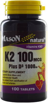 K2 Plus D3, 100 mcg/1000 IU, 100 Tablets by Mason Naturals, 維生素，維生素d3，維生素k HK 香港